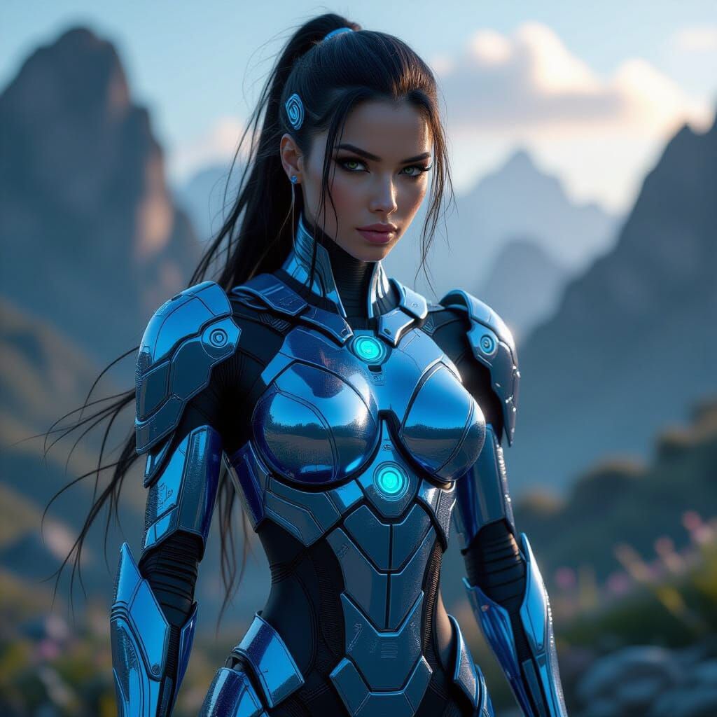 Blue Liquid Crystal Cybernetic Woman in Fantasy Landscape