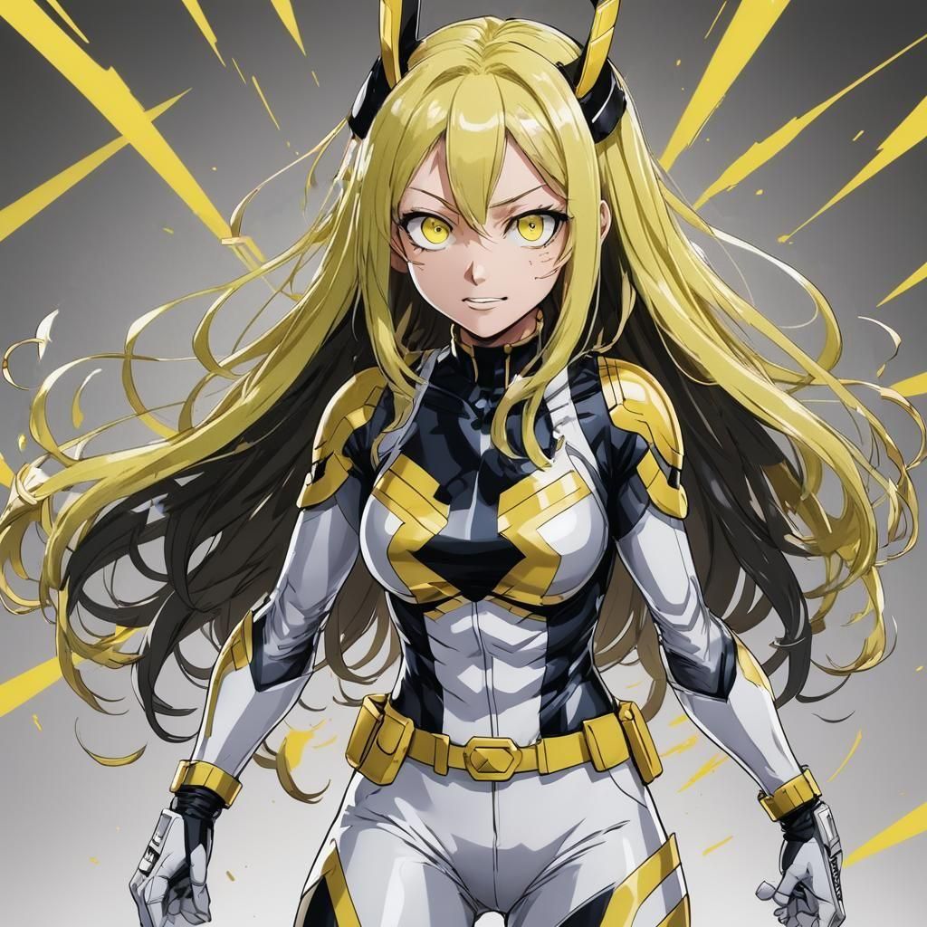 Anime Heroine in Yellow and White Costume with Iridescent Ey...