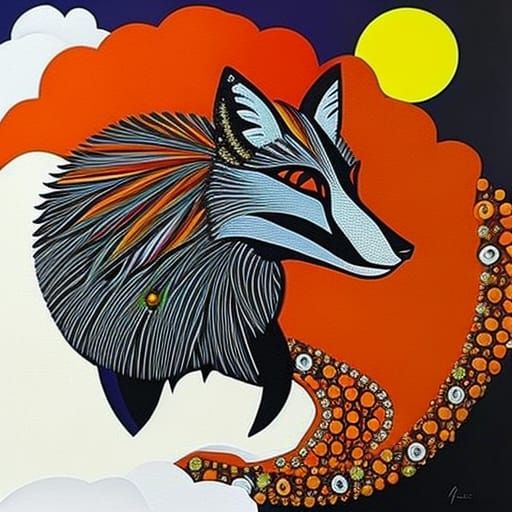 Proud fox. Adorned by rainbow clouds and jewels