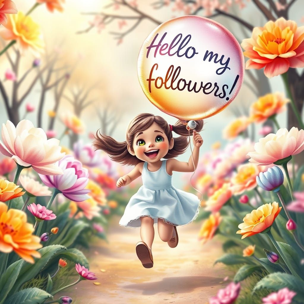 Girl with Giant Flowers and Balloon in Pastel Dreamy Style