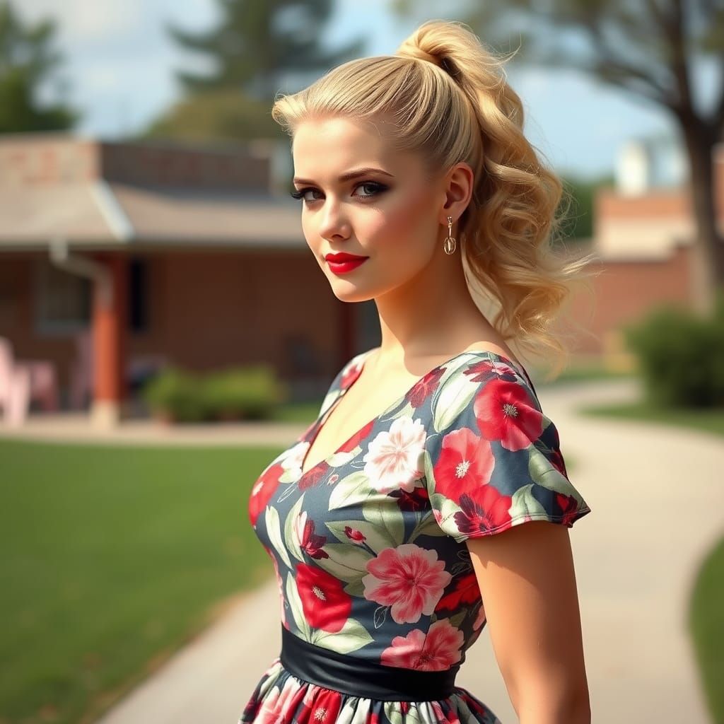 Retro Pinup Goddess with Latex Floral Dress