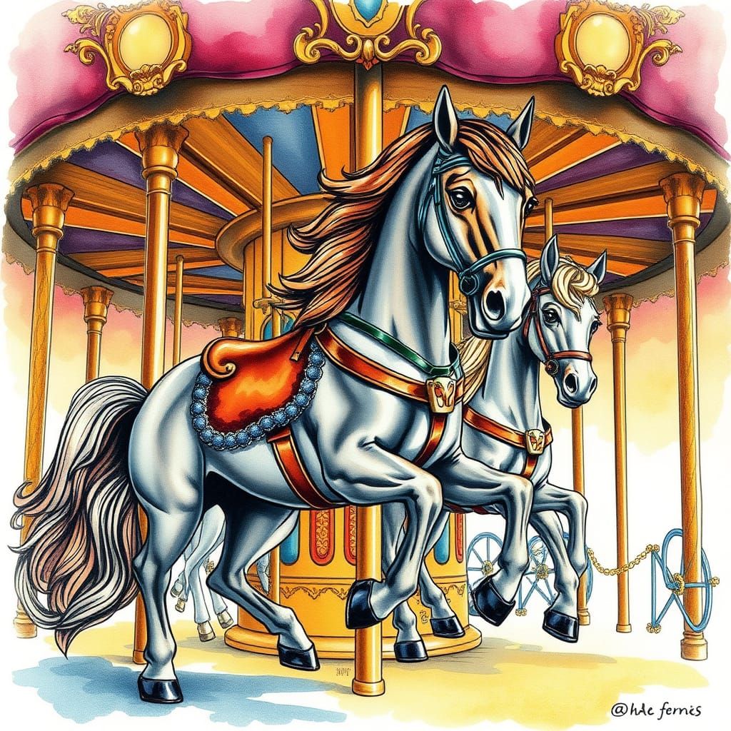 Majestic Carousel Horses in Whimsical Watercolor Style