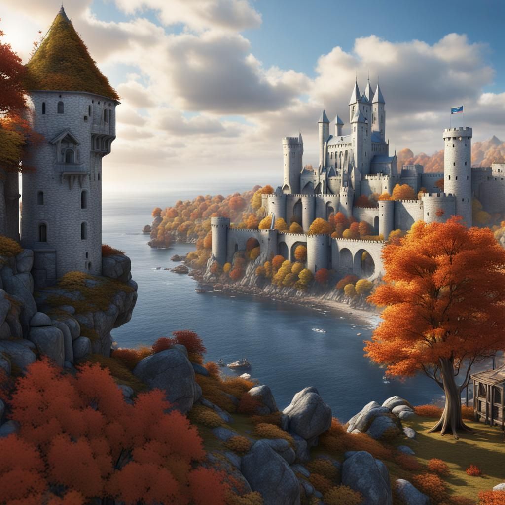 Fantastical Capital City with Medieval Castle and Autumn Fol...