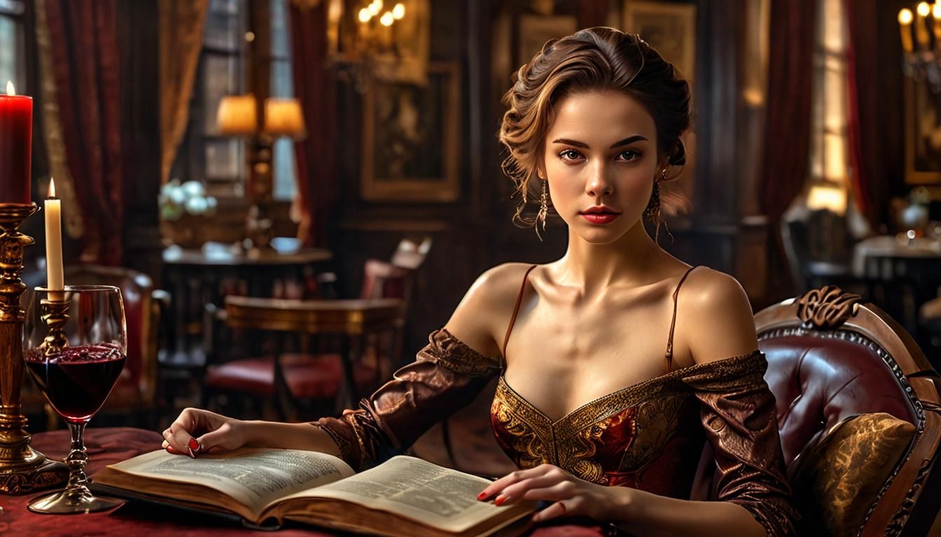 Elegant Lady Lost in a Book and Wine