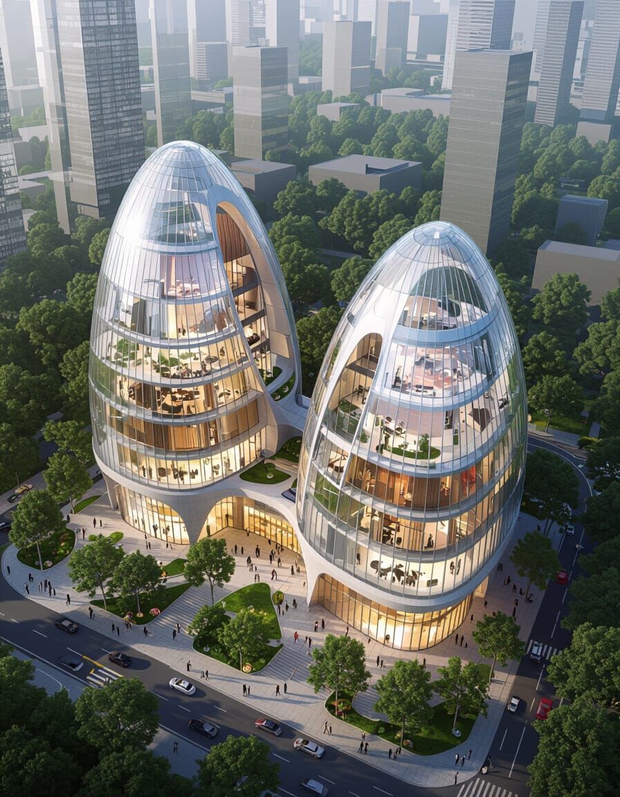 Petal Skyscrapers with Glass Walls in Lush Garden