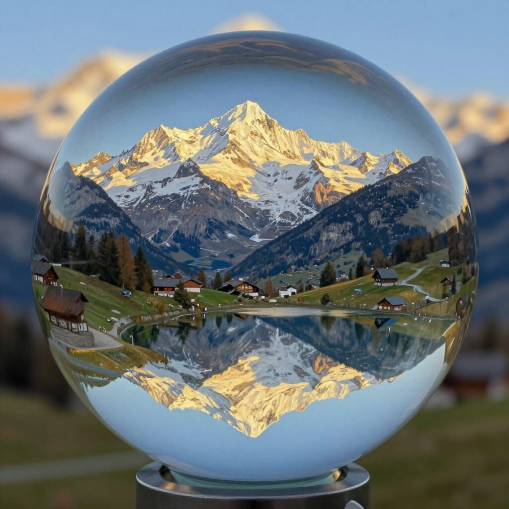 Glass Sphere Shows Engadin Valley Landscape in Oil Painting ...