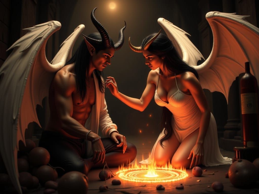 Demon and Angel in Fiery Club Scene Fantasy Art
