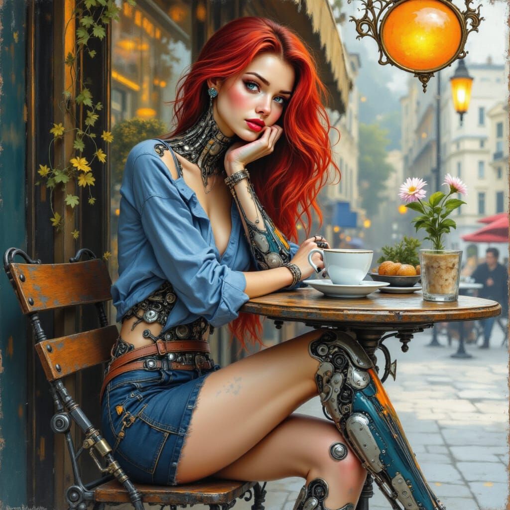 Cyborg Woman at Cafe: Art Nouveau Impression