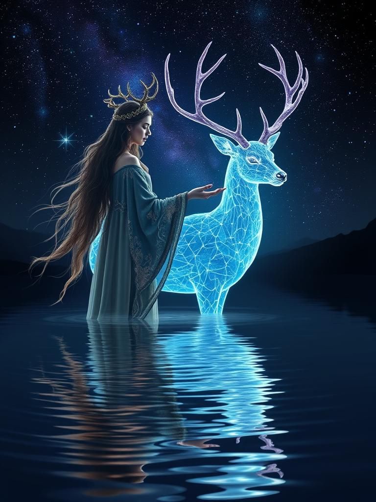 Ethereal Druid Summoning a Bioluminescent Water Deer in a St...