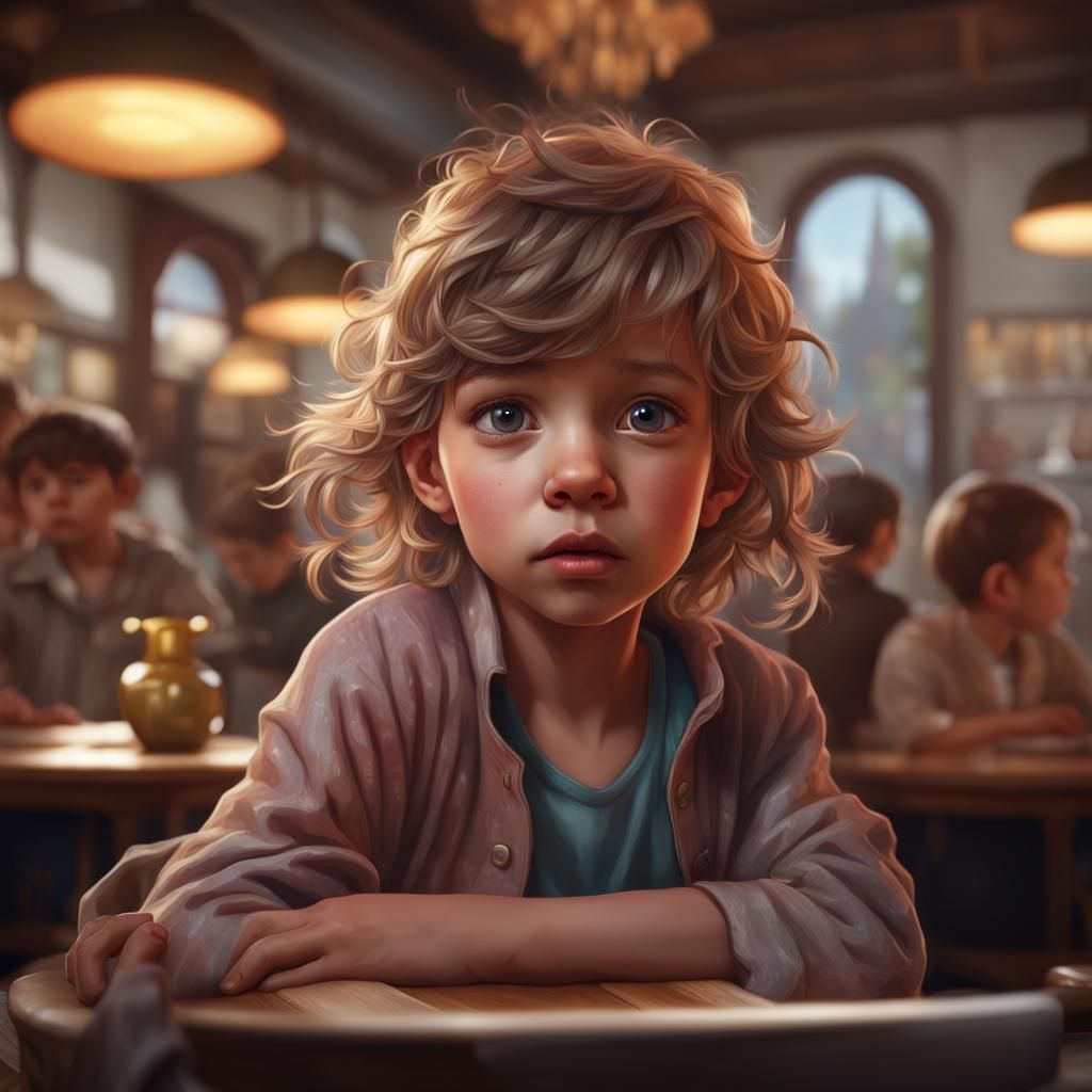 Young Child Overwhelmed in a Bustling Restaurant