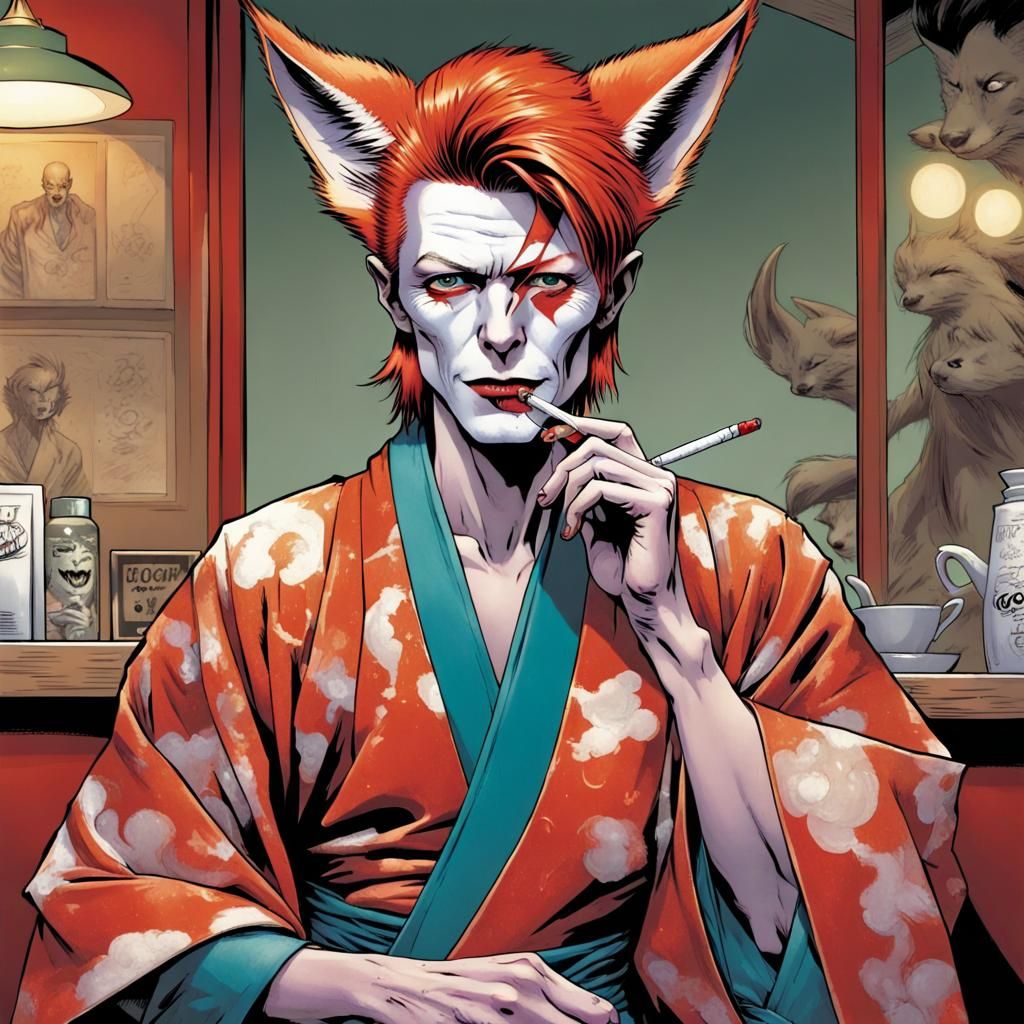 David Bowie as a kitsune fox man with ears in kimono, a cafe with a cigarette in his mouth, david bowie as the joker, po...