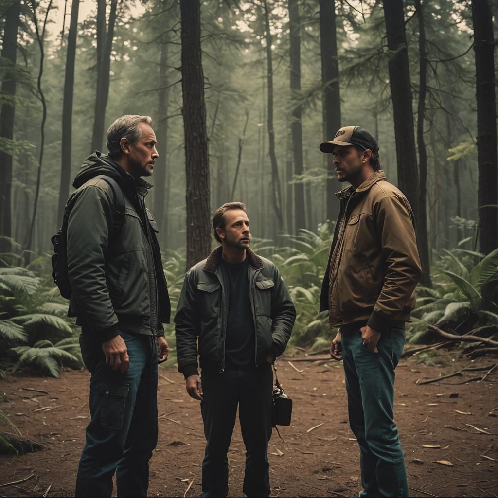 Cinematic Film Still of Men Discussing a Movie Masterpiece