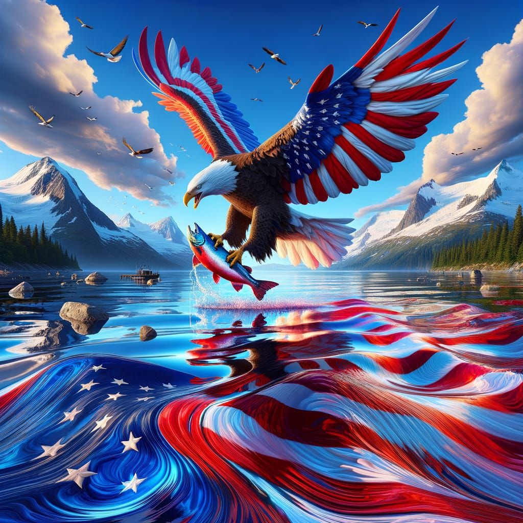 Bald Eagle Over American Flag Lake in 3D