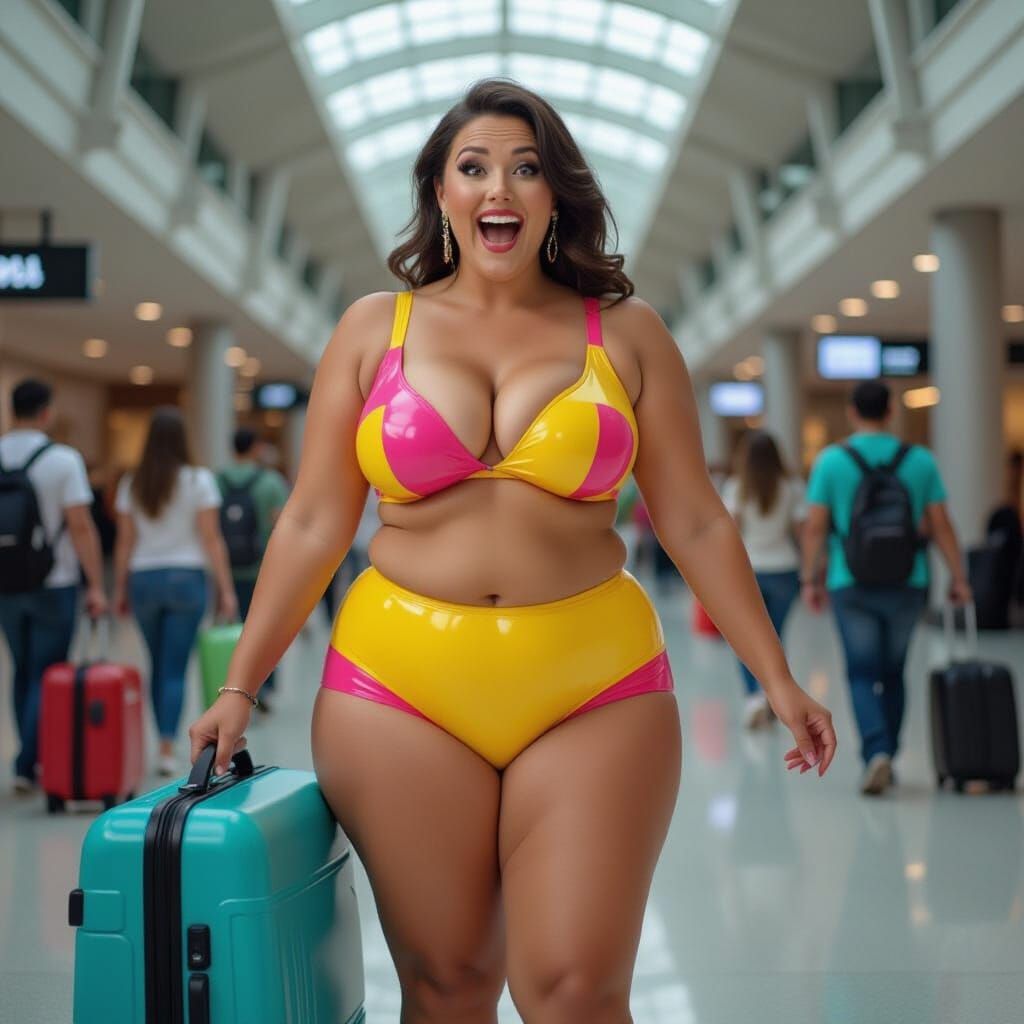 Joyful Overweight Woman in Latex Shorts at Miami Airport