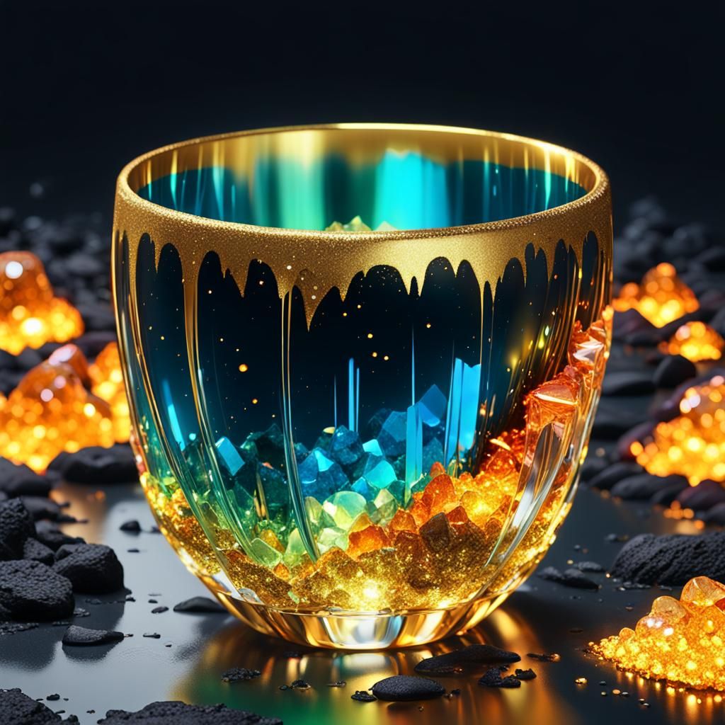 Surreal Golden Masterpiece Depicts Crystal Cup in Erupting L...