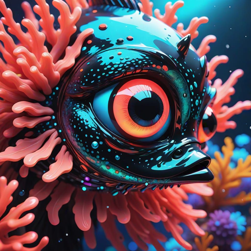 Scarlett Furry Fish in Surreal Aquarium, Digital Art