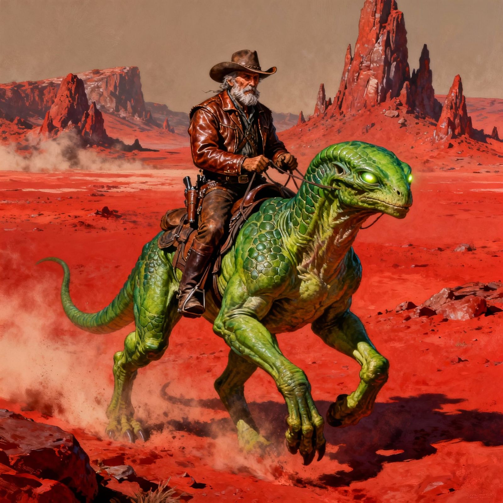 Alien Bounty Hunter Cowboy Rides Green Beast on Red Planet i...