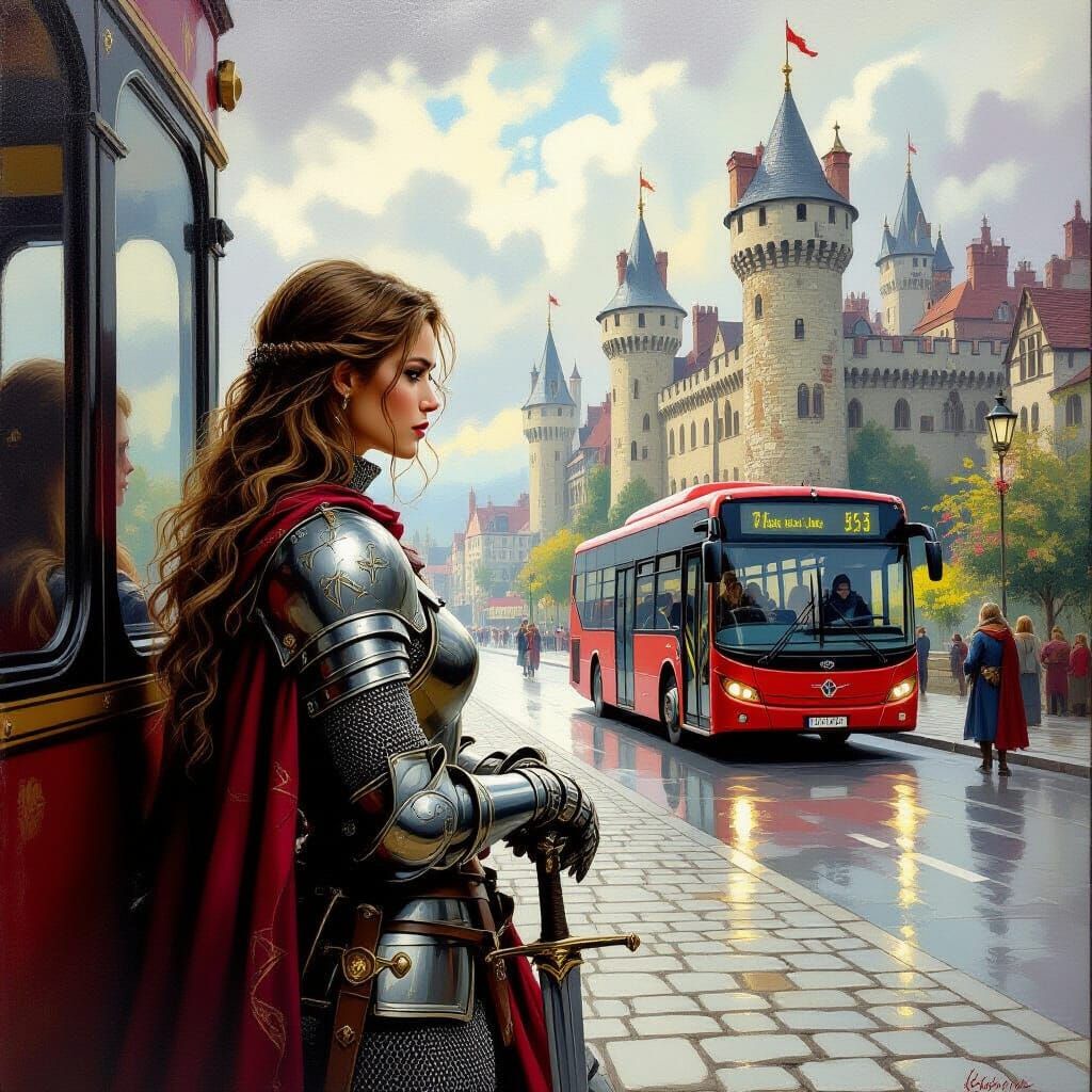 Female Knight Awaits Bus to Castle: Fantasy Oil Painting