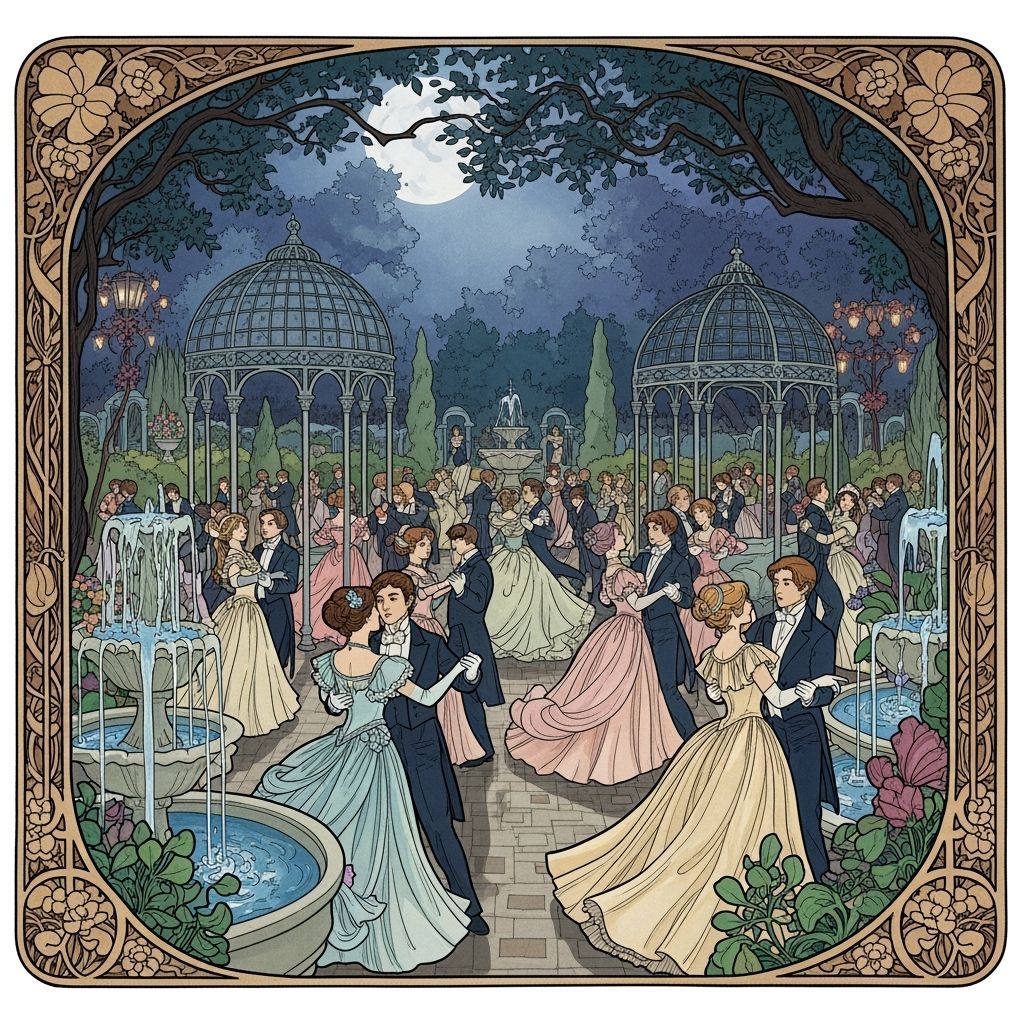 Victorian Couples Dancing in Moonlight, Art Nouveau Style