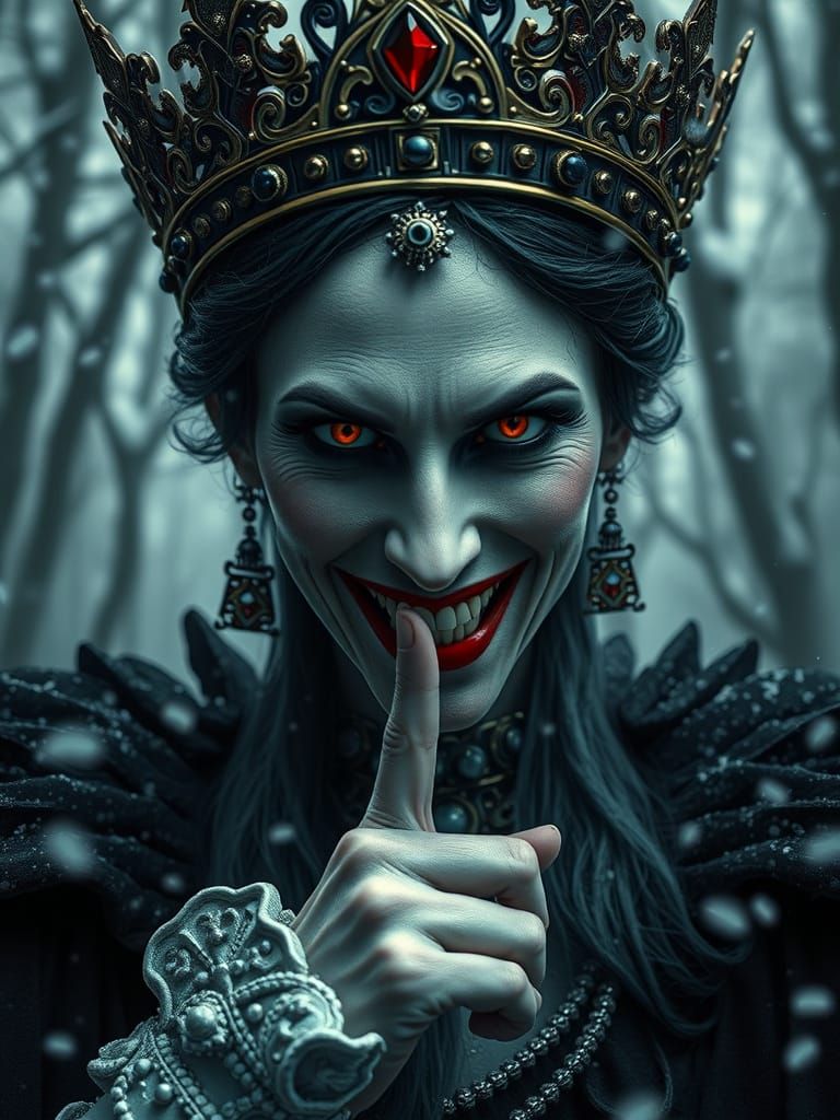 Vampire Queen's Intense Stare in Snowy Forest