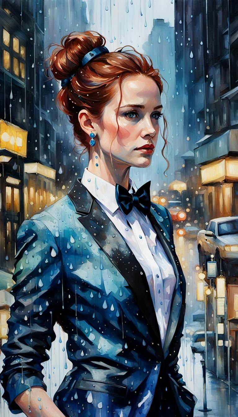 Sleek Woman Dominates City Night in Tuxedo