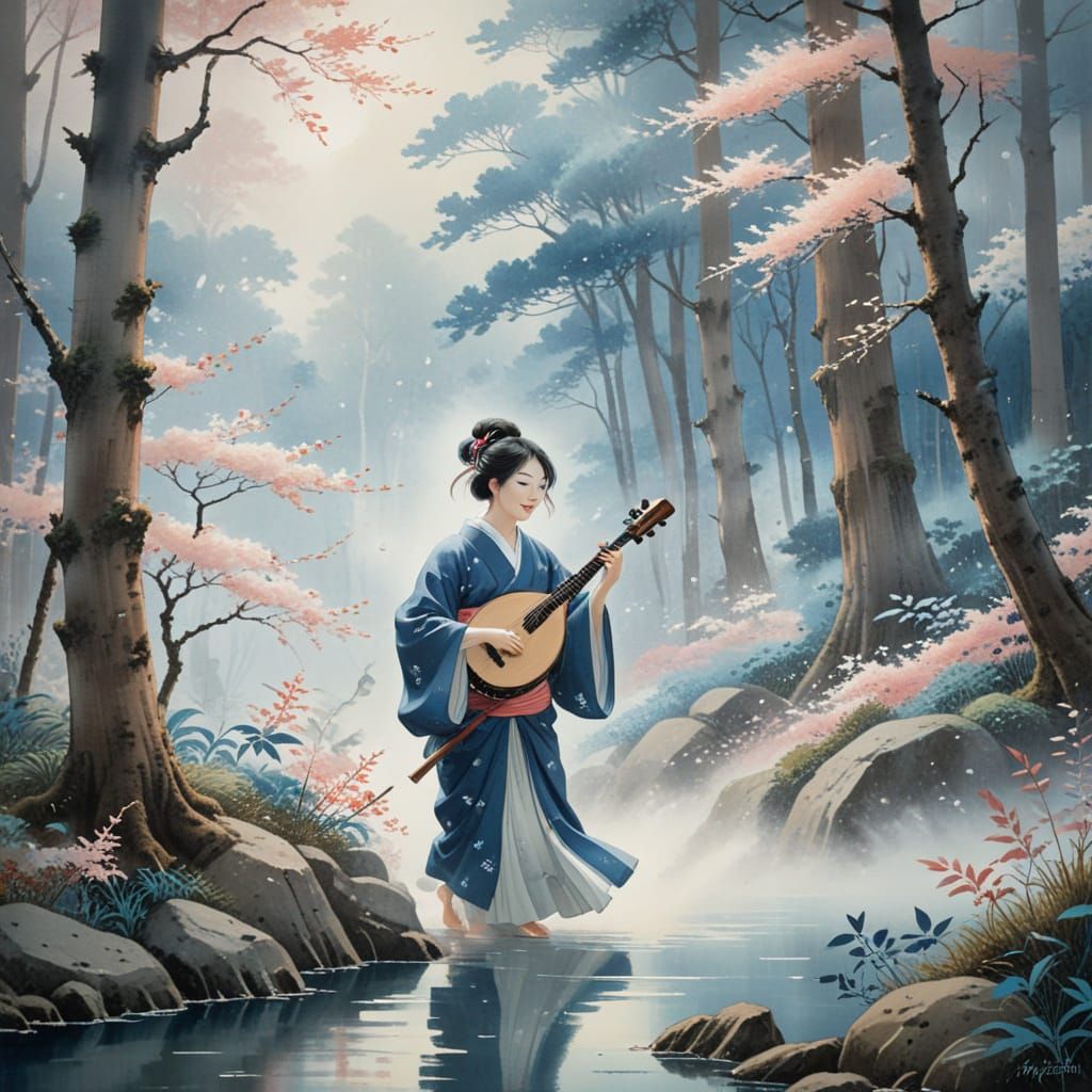 Whimsical Shamisen Musician in a Serene Forest