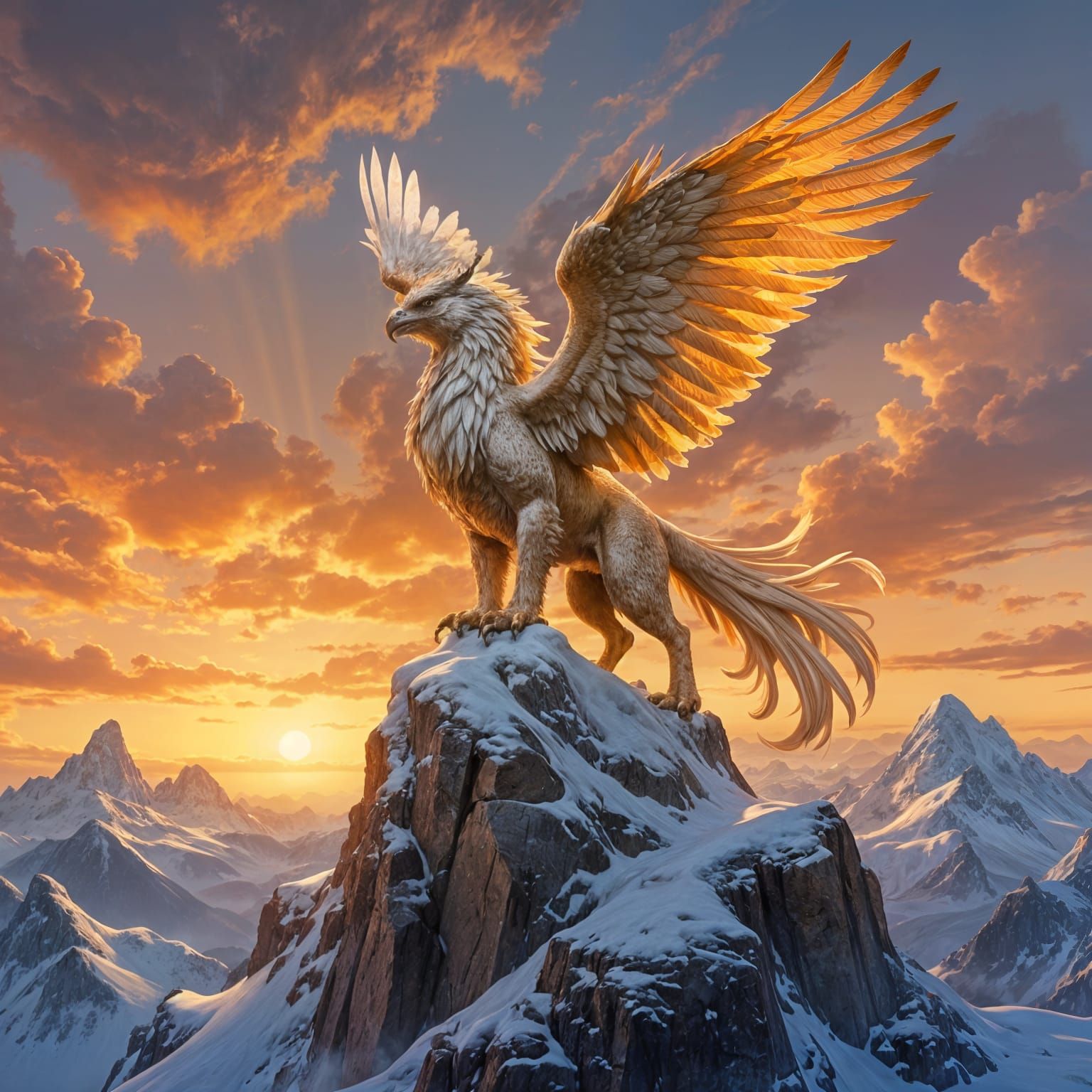 Griffin Perched on Mountain Peak at Sunset