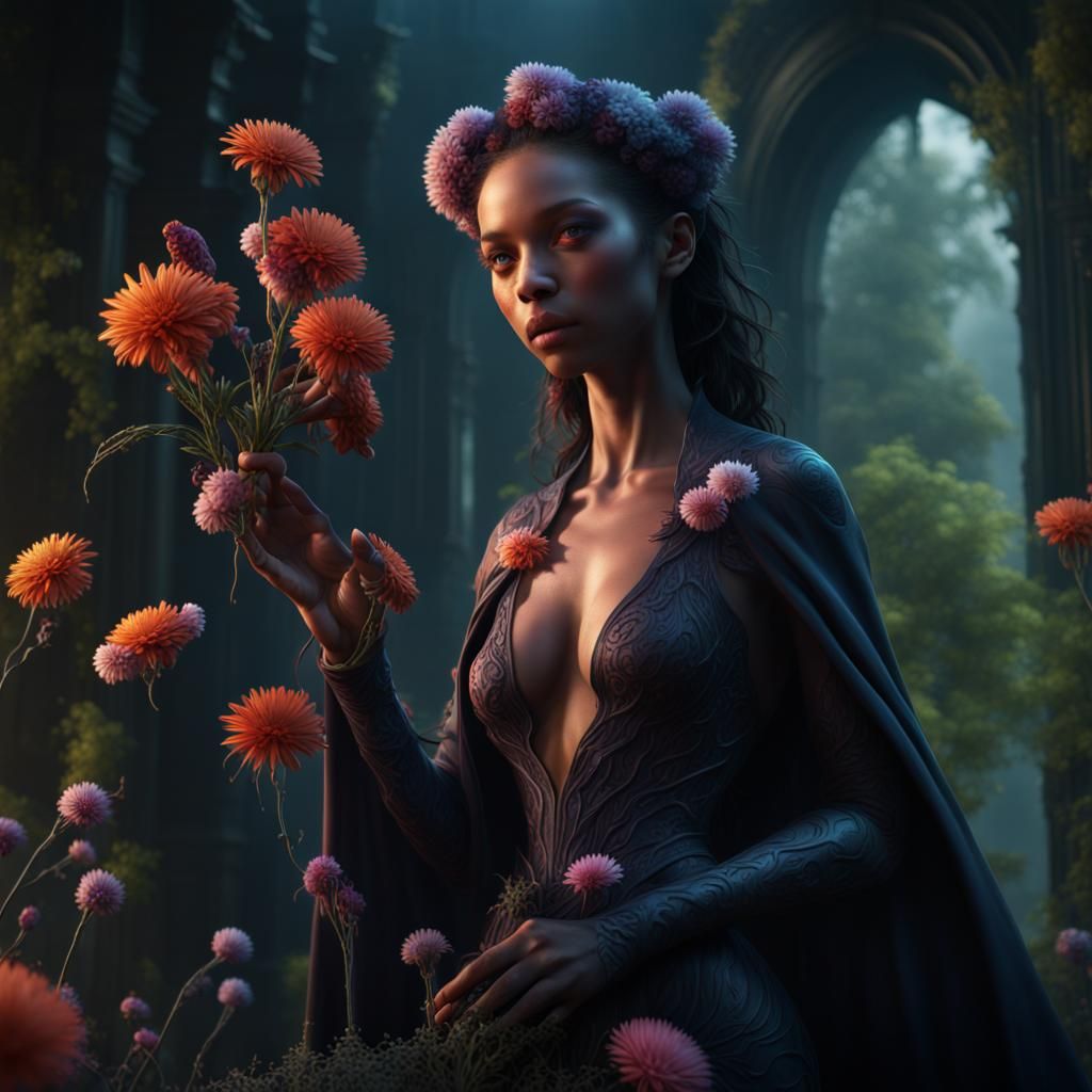 Surreal Blossoming Human in Vibrant Fantasy Landscape