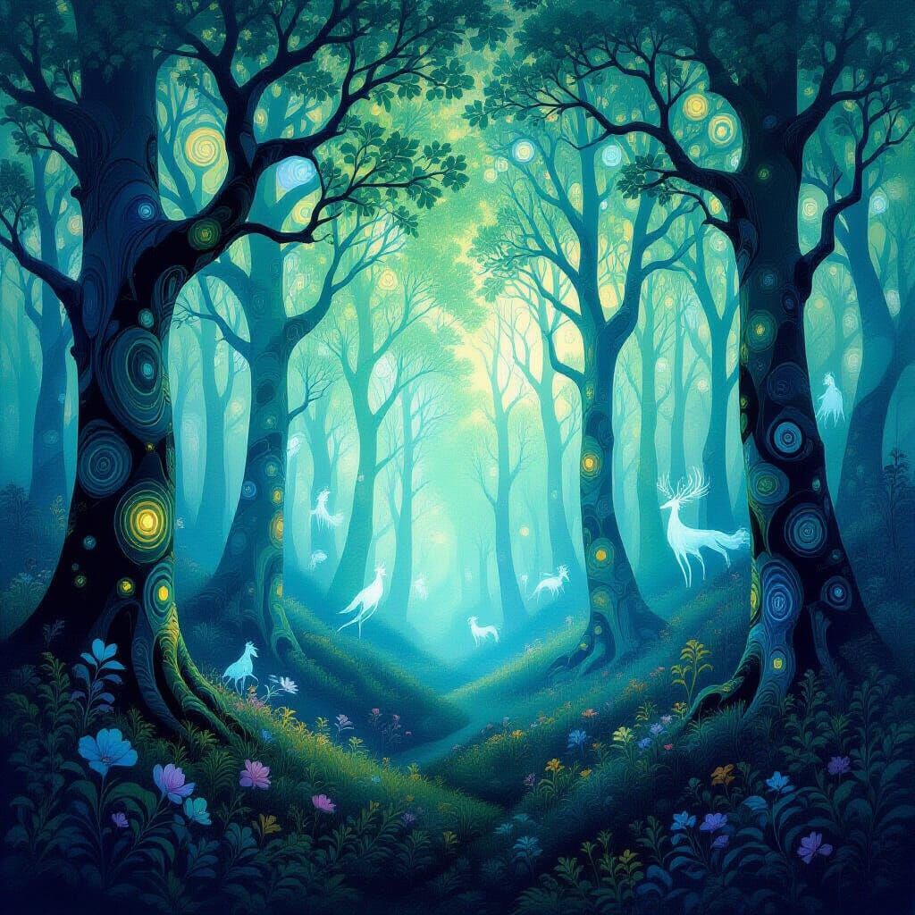 Surreal Forest of Light and Color with Ethereal Creatures