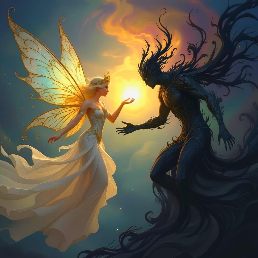 Celestial Fairy Queen Battles Shadow Entity in Cosmic Strugg...