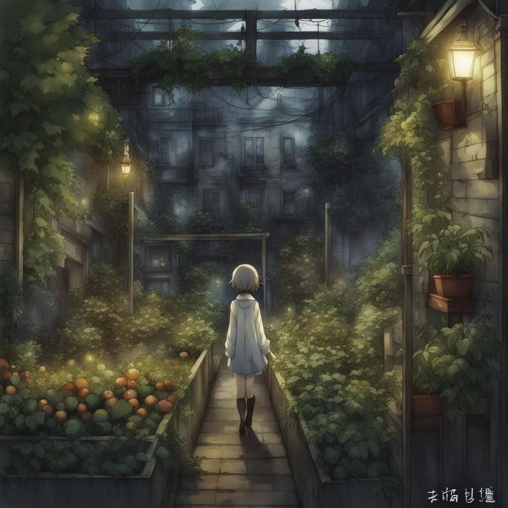 Ghostly Urban Oasis in Manga Style