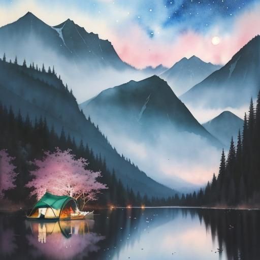 Ethereal Lakeside Scene in Vibrant Watercolour