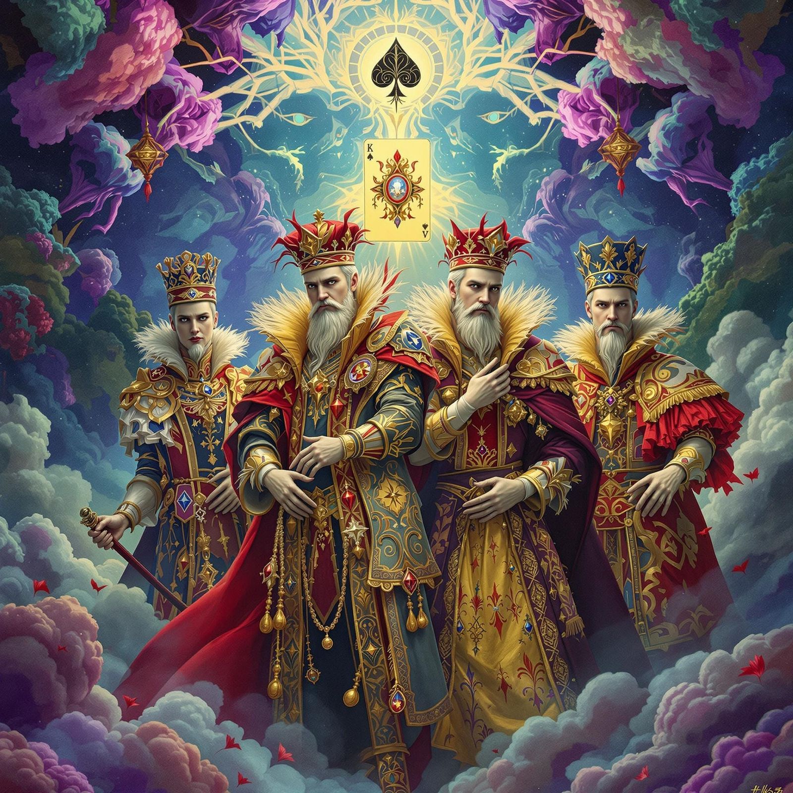 Four Regal Figures in Baroque Attire Against a Dreamlike Bac...