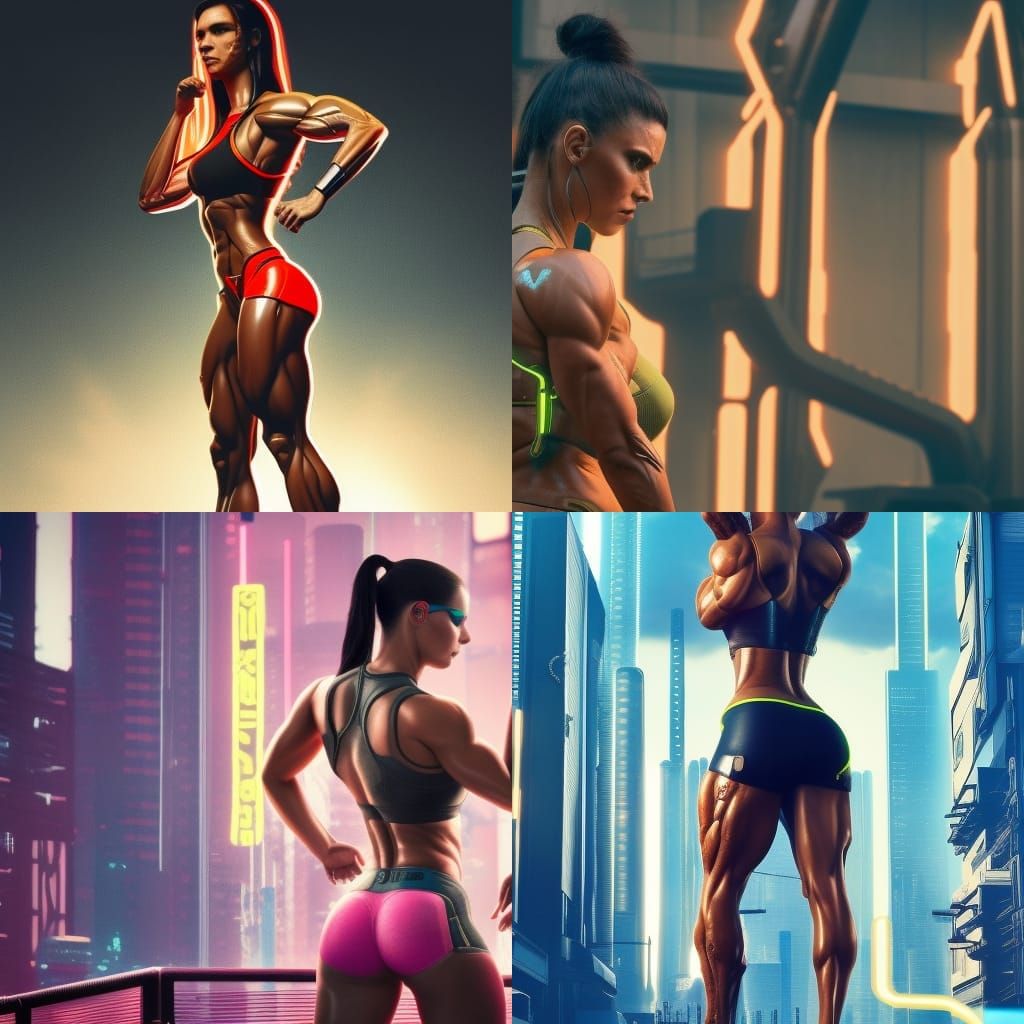 wet tanned big muscular female physique half cyborg enhanced...