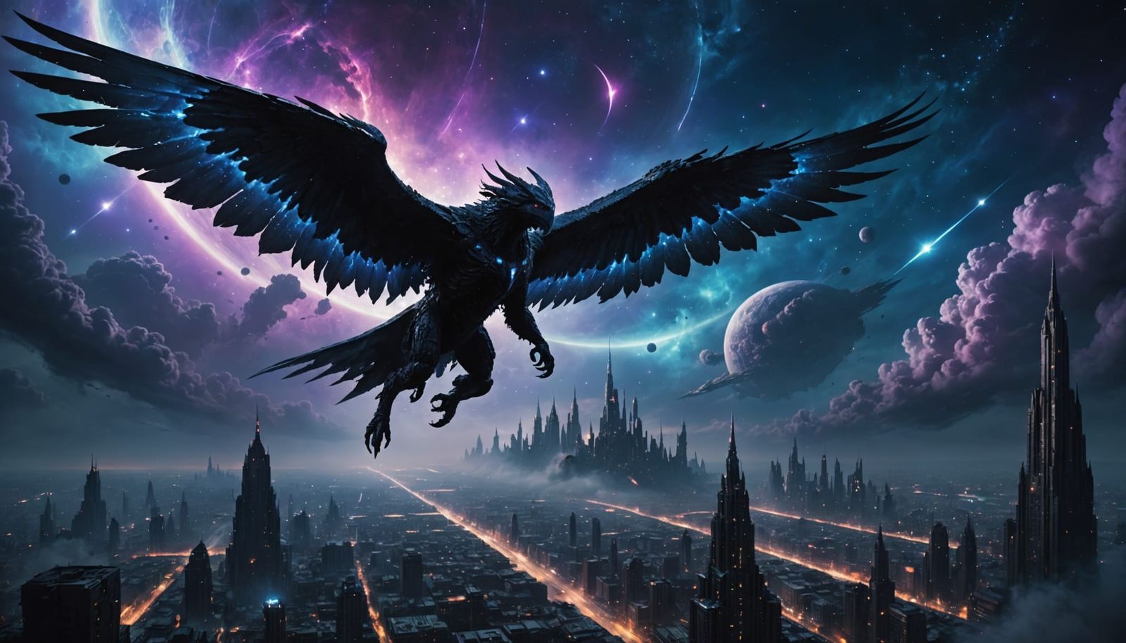 Winged Creature Soars Through Nebula in Sci-Fi Matte Paintin...