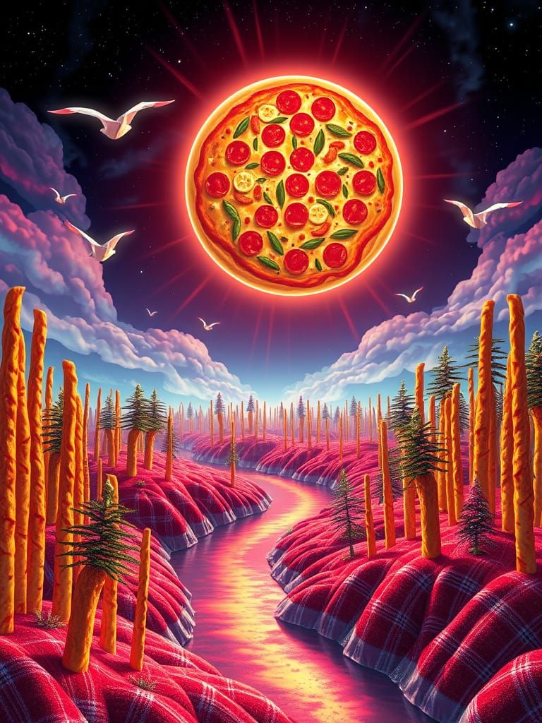 Surreal Pizza Orb Over Gilded Breadstick Forest