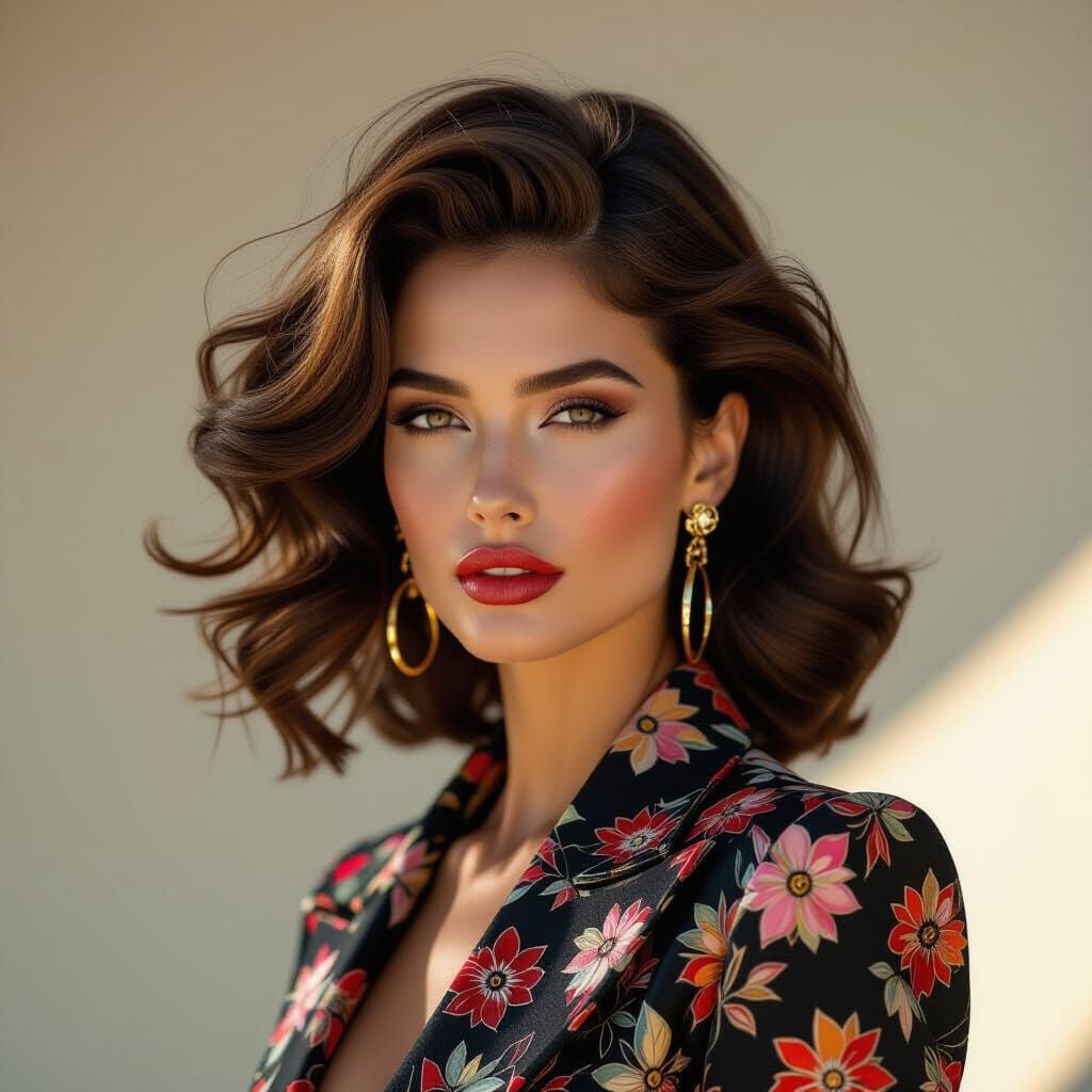 Confident Woman With Voluminous Hair In Bold Fashion