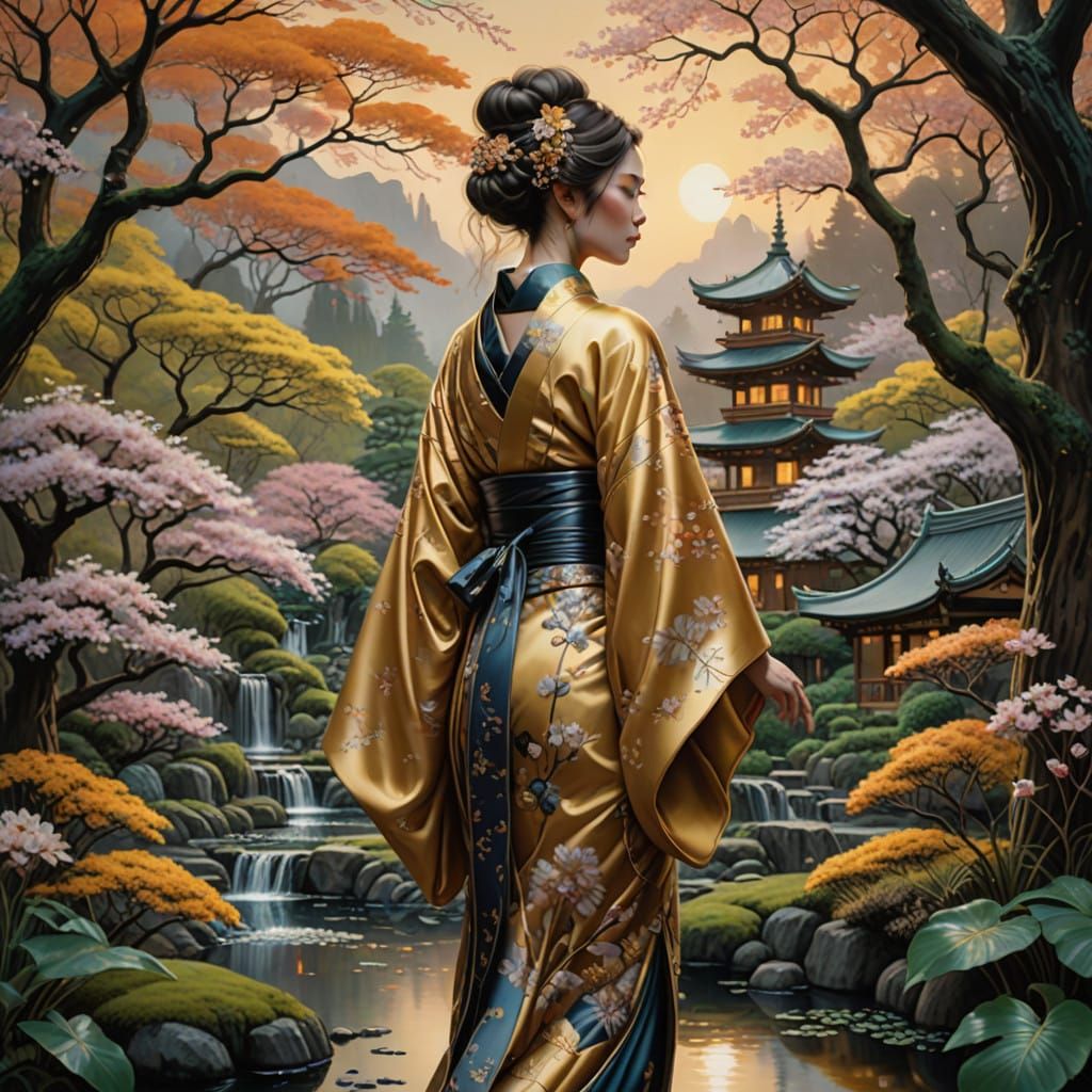 Woman in a Japanese Garden in Impressionist Style