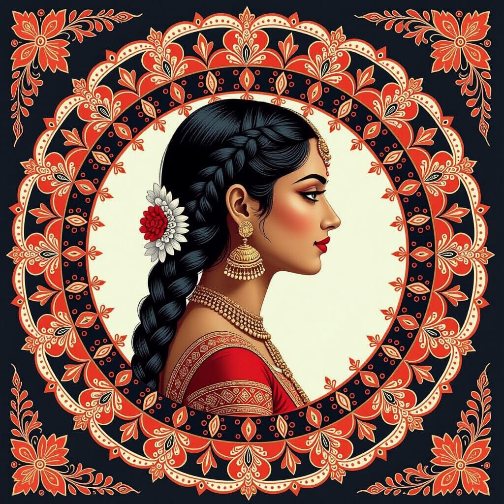 Indian Woman Emerges from Pattachitra Mandala, Folkloric Sty...