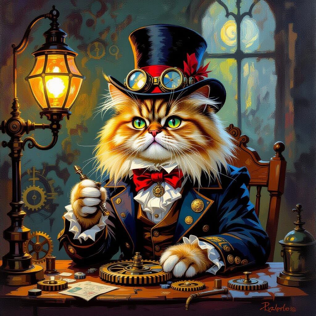 Steampunk Cat Inventor in Neo-Impressionist Style