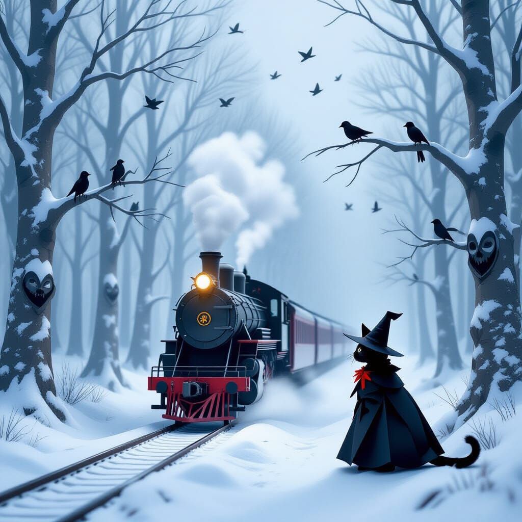 Ethereal Train Journey Through Surreal Snowy Forest