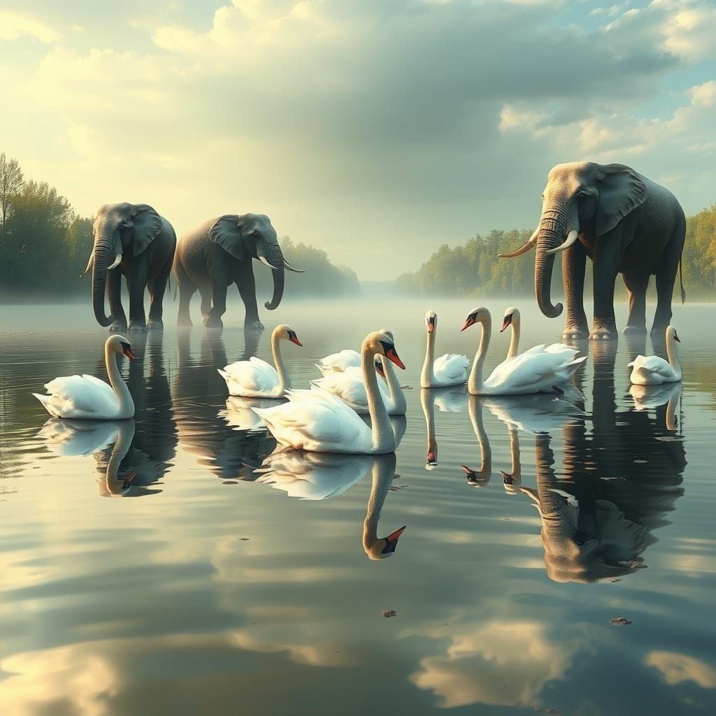 Ethereal Swans Transform into Majestic Elephants in a Surrea...