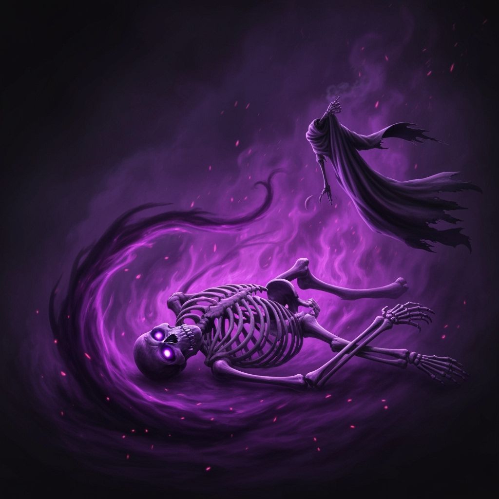 Charred Skeleton in Purple Inferno, Eerie Glow