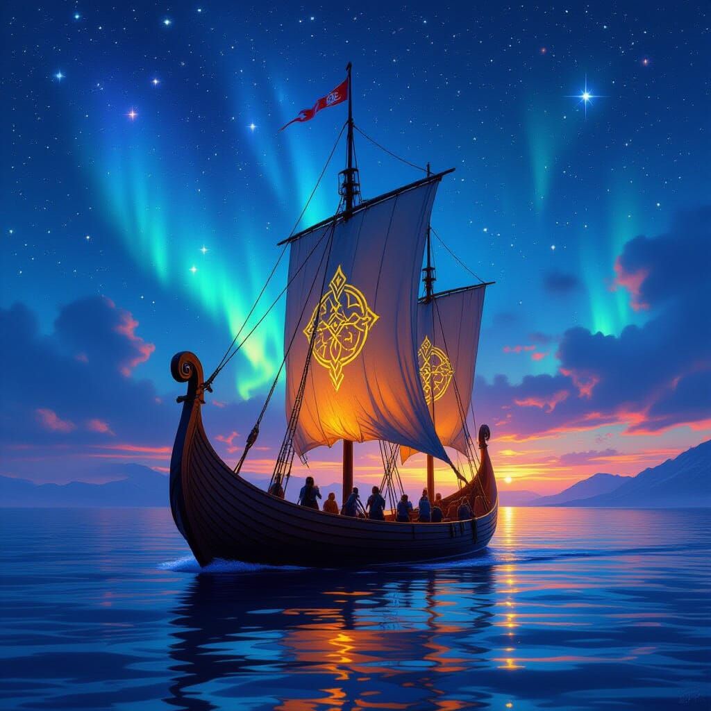 Viking Longship Under Aurora Borealis Concept Art