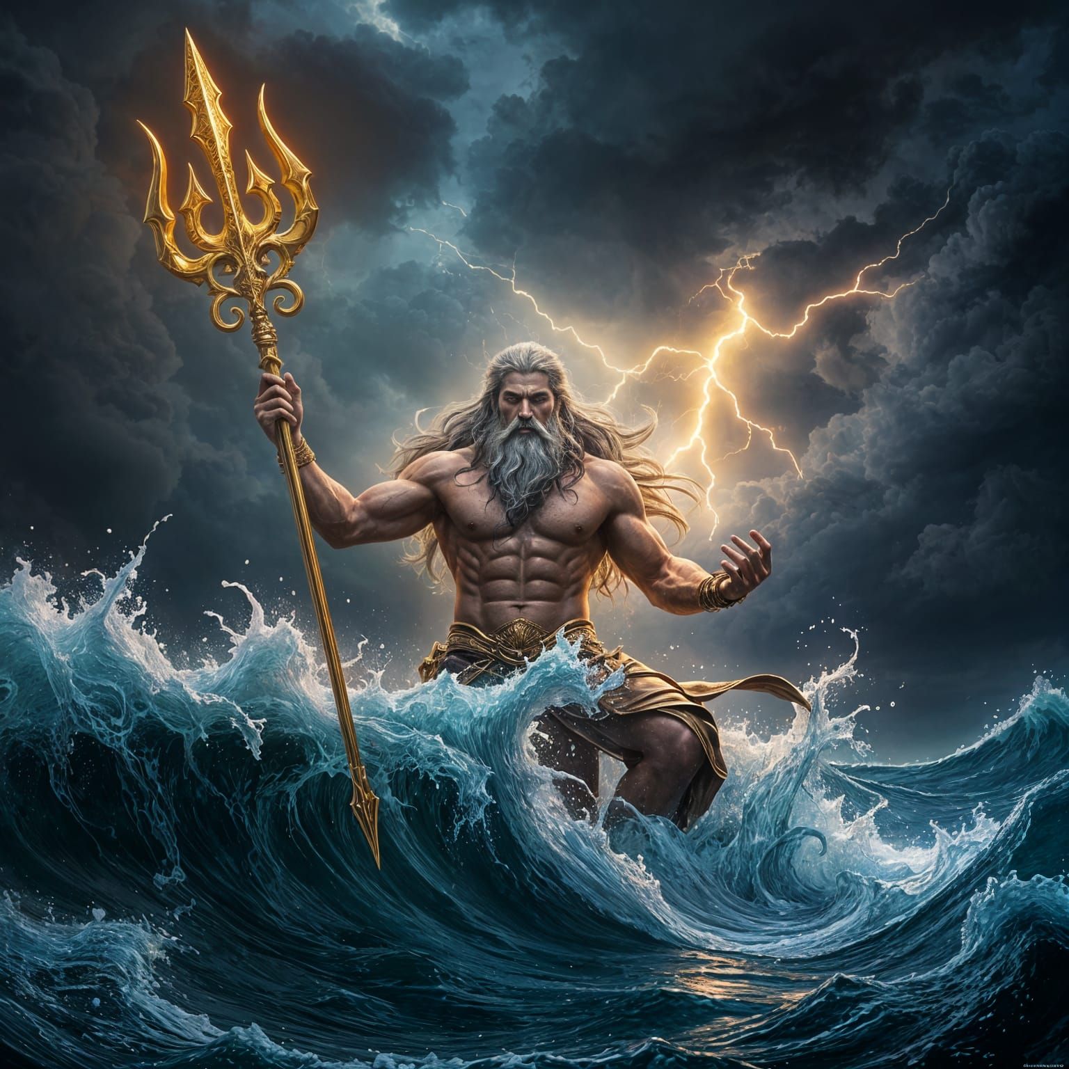 Dark Fantasy Art of Poseidon, Greek God of the Seas, Holding...