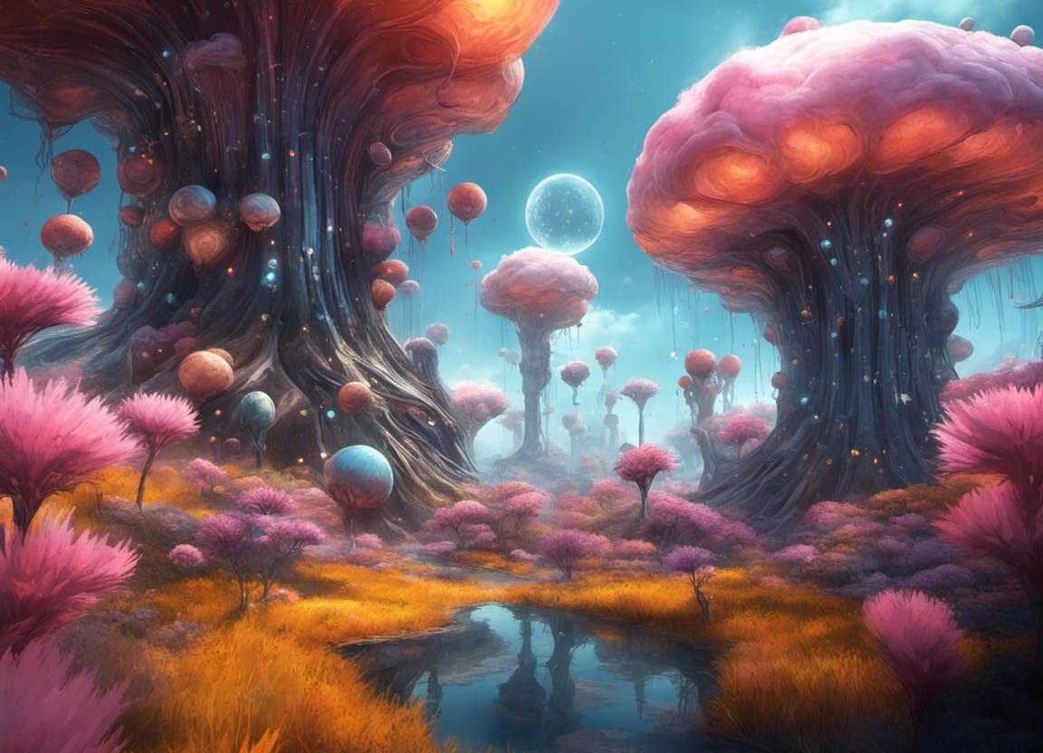 Surreal High Fantasy Landscape with Pink Balloon Flowers and...