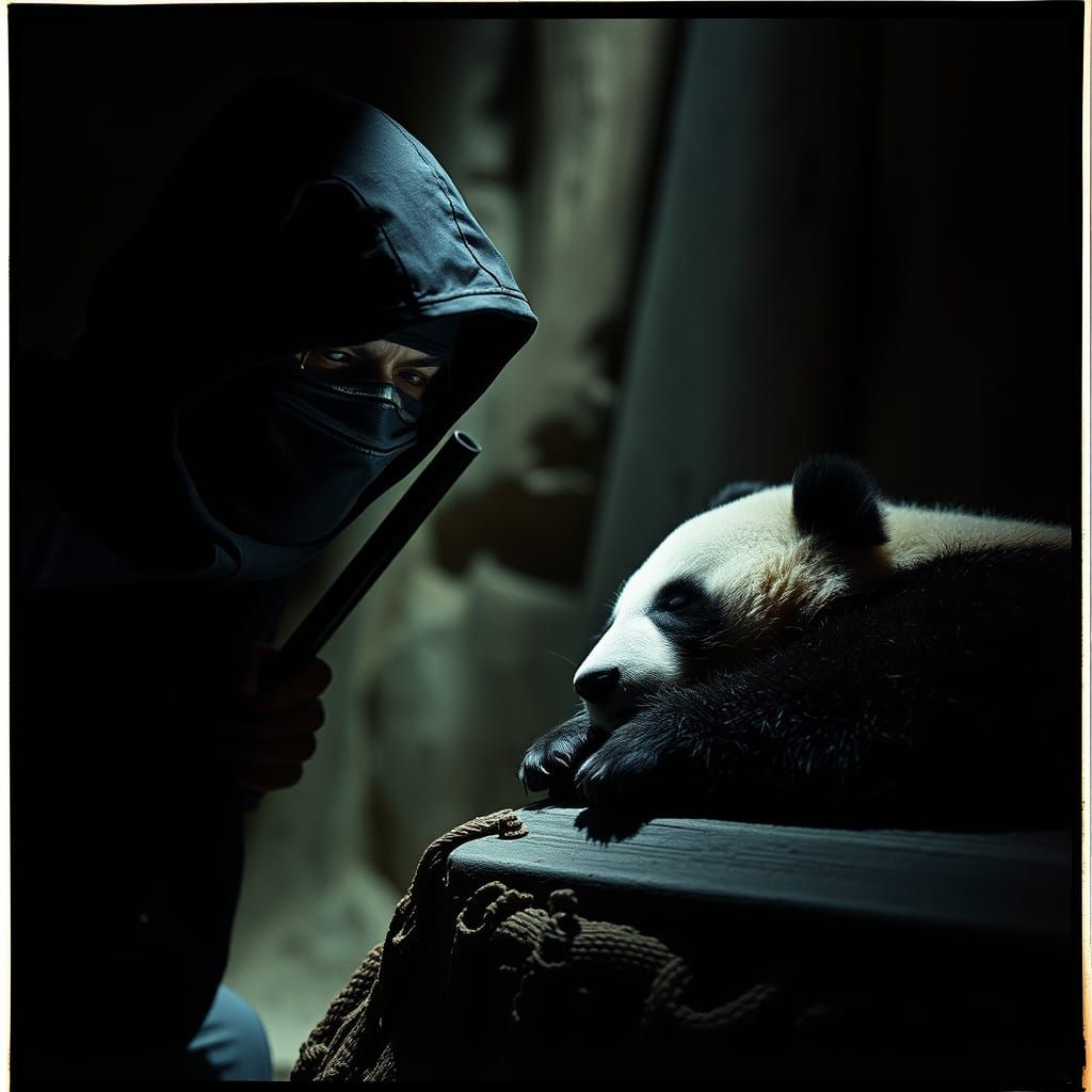 Sloth Ninja Observing Panda in Shadows: Cinematic Film Still