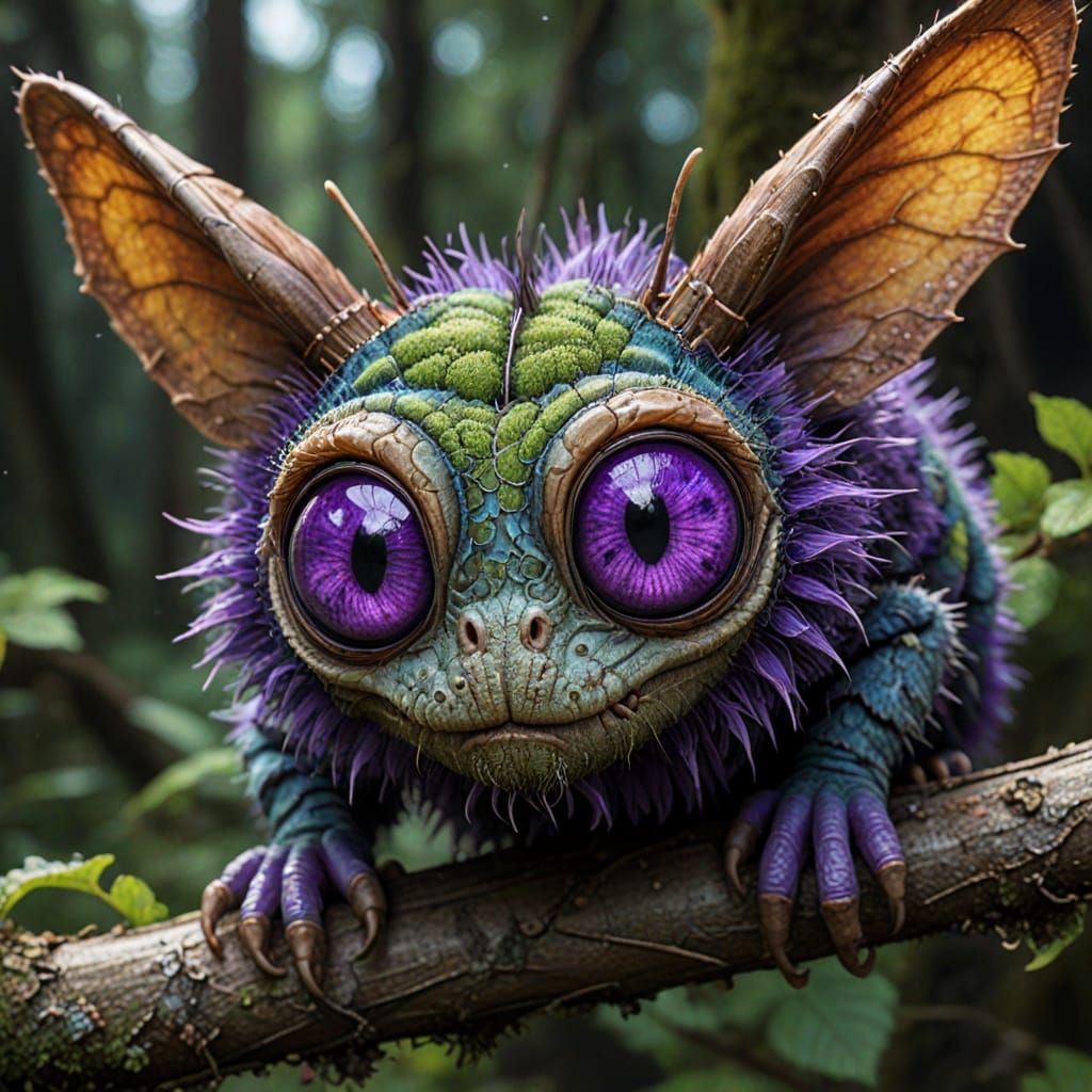 Elegant Dreamcore Creature Crawls on Branch