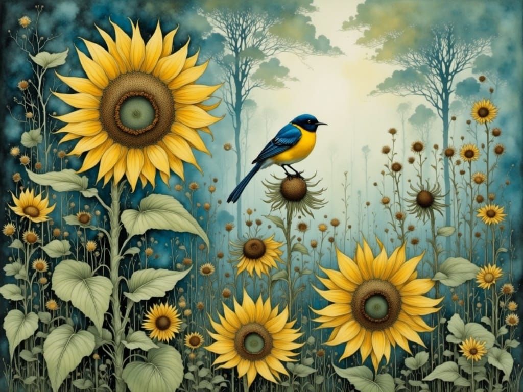 Surreal Landscape of a Giant Sunflower with a Bird Perched o...