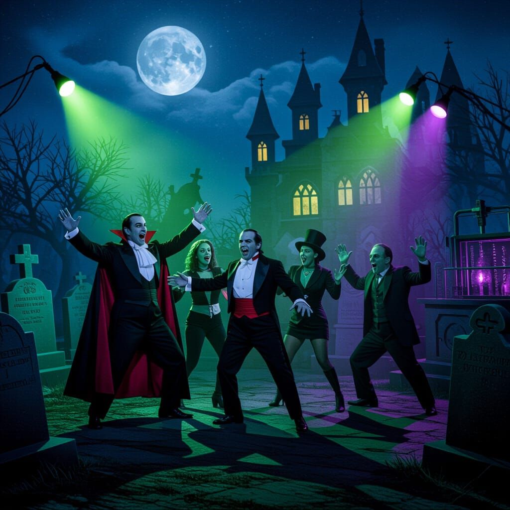 Monsters Dancing in Moonlit Graveyard